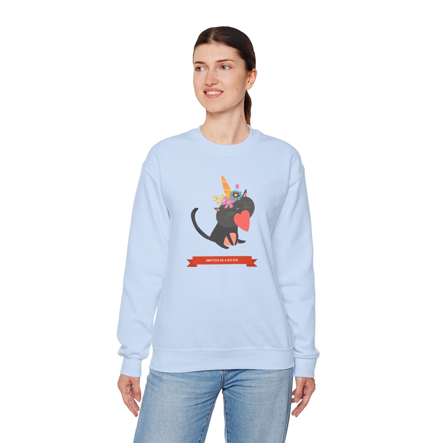 Cat Heart Sweatshirt Unisex Valentine Gift 50/50 Cotton-Poly Crewneck Gildan 18000