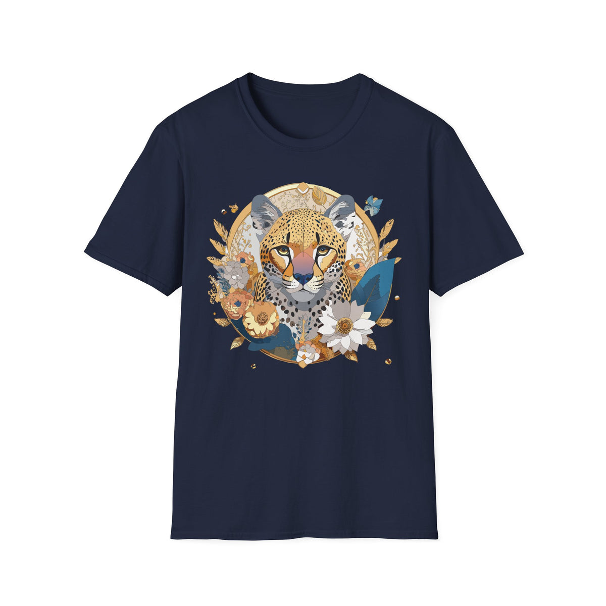 Floral Cheetah Portrait T-Shirt | Leopard Face Botanical Tee