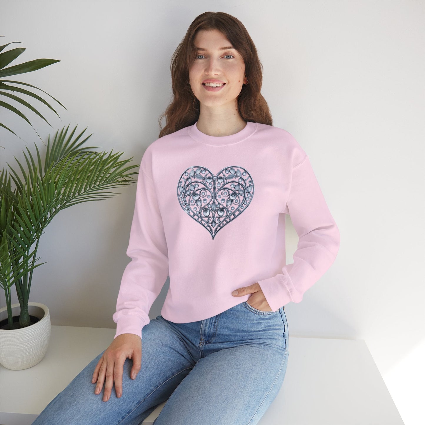 Big Crystal Heart Sweatshirt Unisex Fifty Fifty Cotton Poly Crewneck Valentines Day Sweatshirt