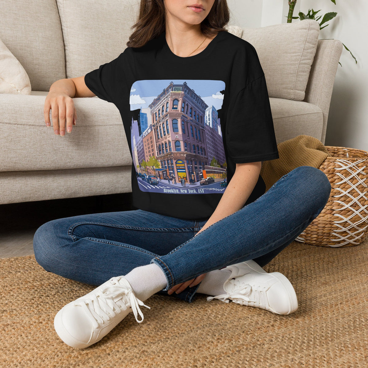 Brooklyn New York Retro Cityscape T-Shirt — Illustrated Landmark Tee Travel Tourist Graphic Design Unisex 100 Cotton Gildan T-Shirt