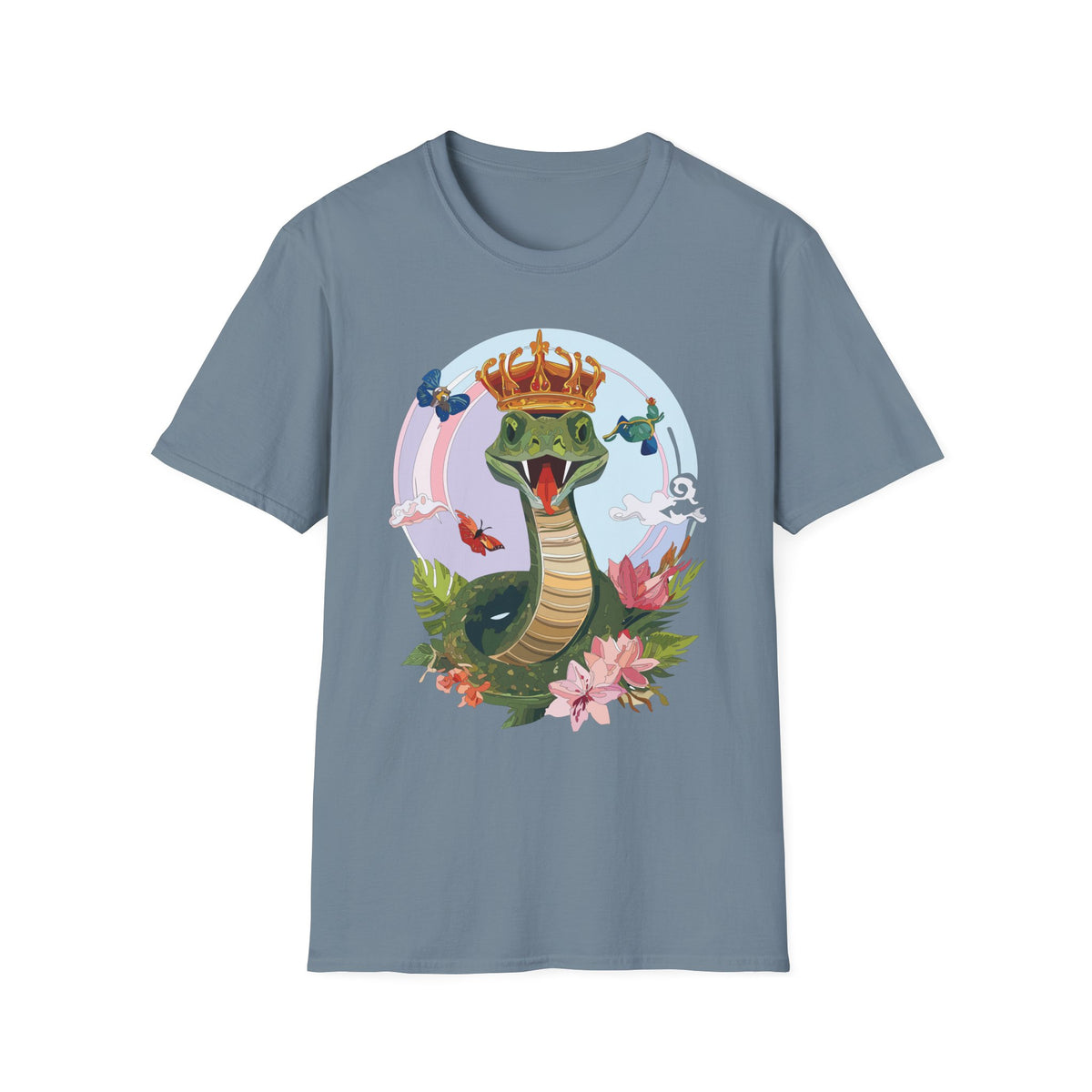 Crowned Snake Illustration T-Shirt | Regal Snake with Crown and Butterflies