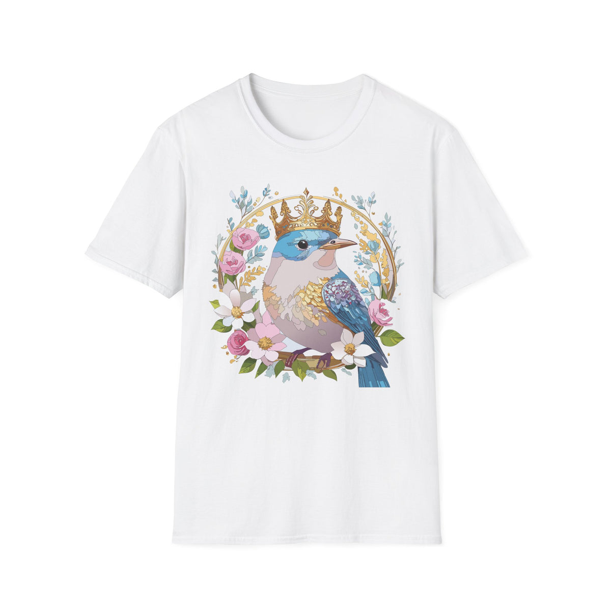 Crowned Bluebird with Floral Wreath T-Shirt | Royal Bird Illustration