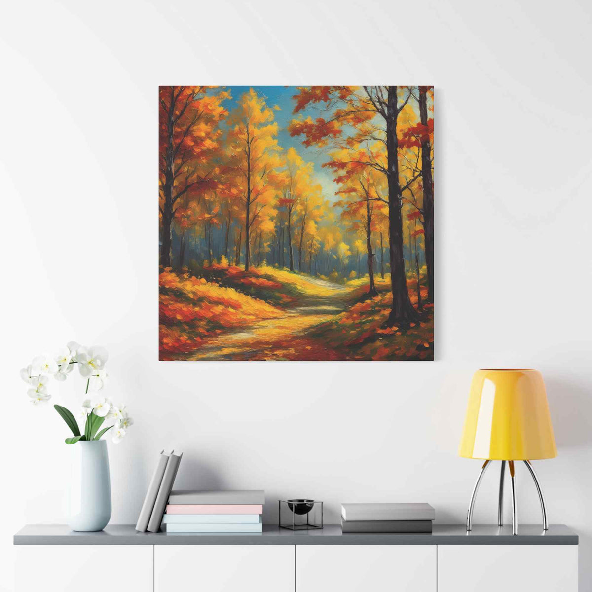 Fall Forest Print Canvas, Oil Paint Print 20x20, 24x24, 30x30, 32x32, 36x36 Art Design Canvas Pine-Wood Inner Frame MC-102
