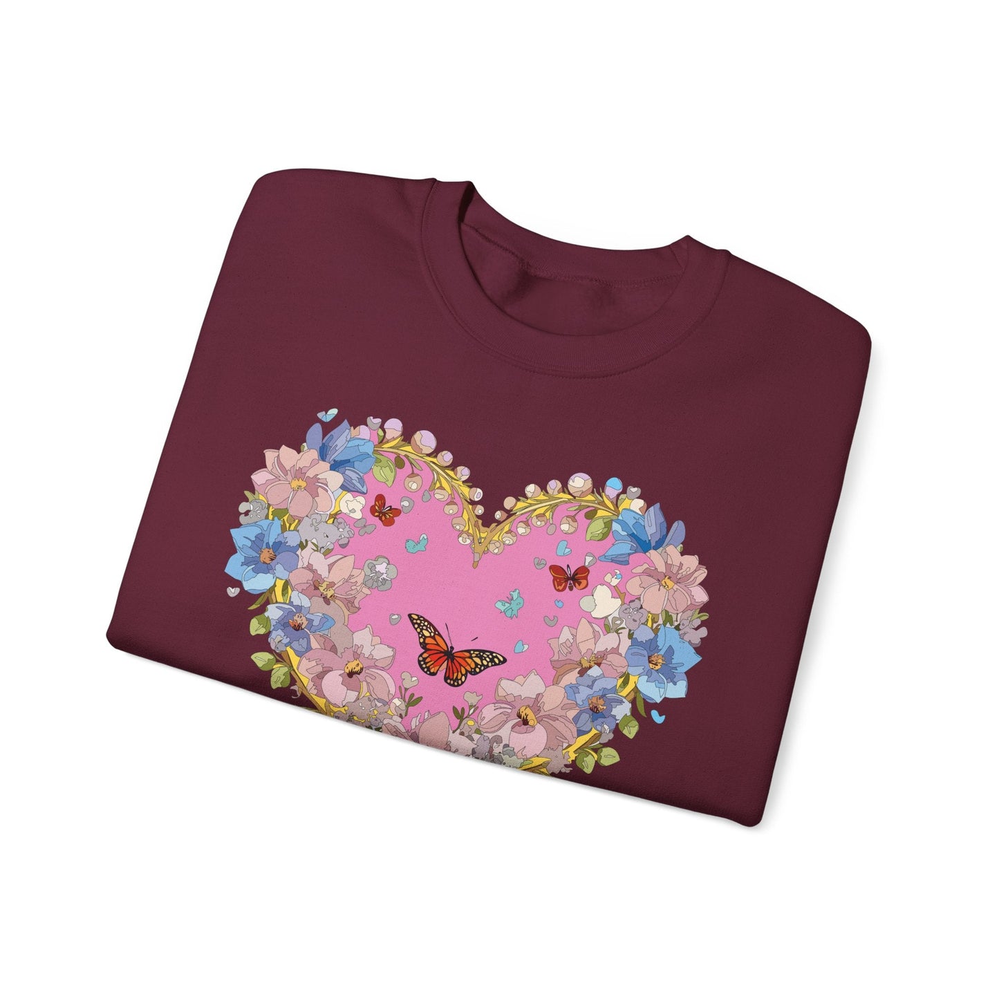 Floral Heart Sweatshirt Unisex Crewneck Gildan 18000 Fifty Fifty Cotton Polyester Valentine's Day