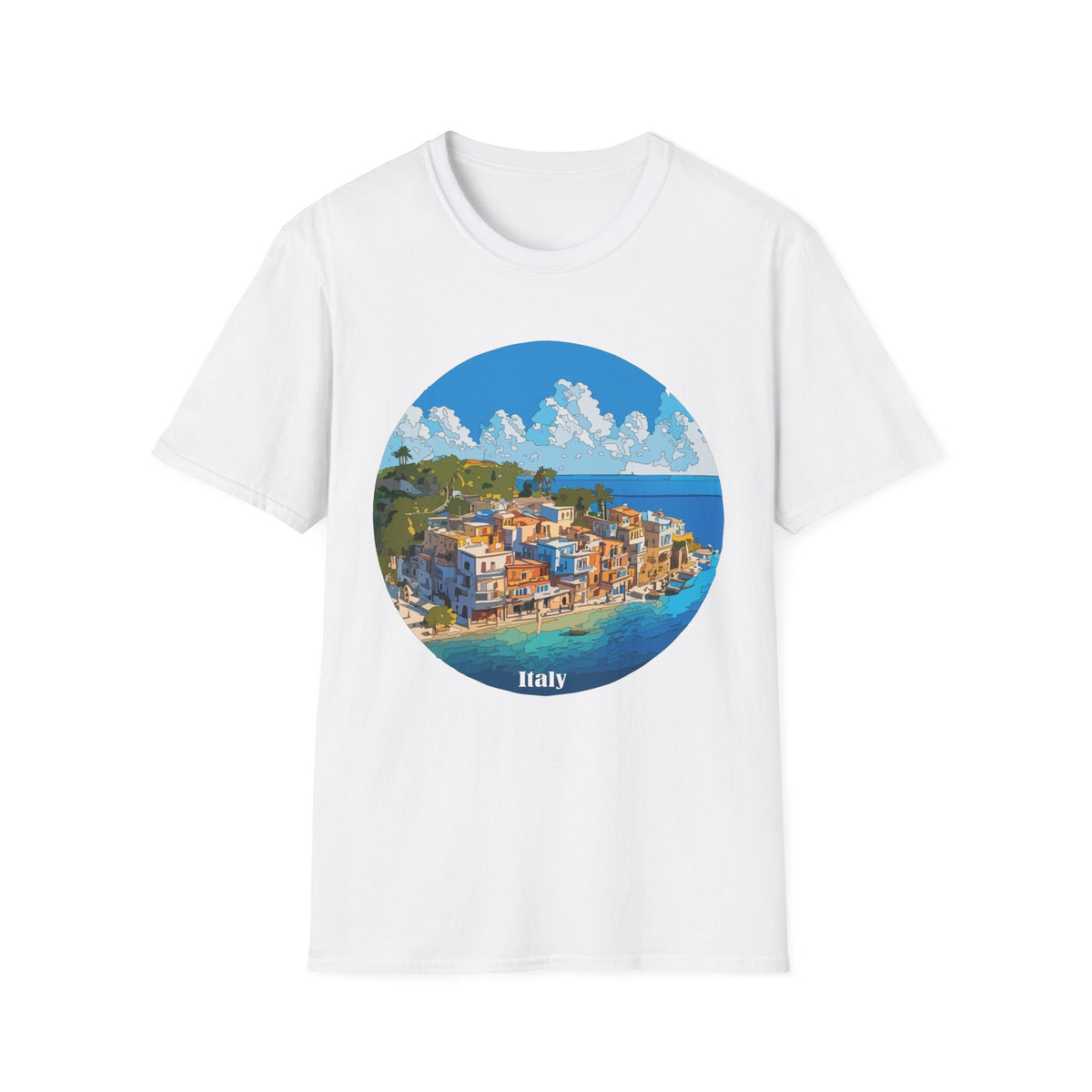Coastal Italy Village Illustration T-Shirt | Mediterranean Seaside Graphic Tee