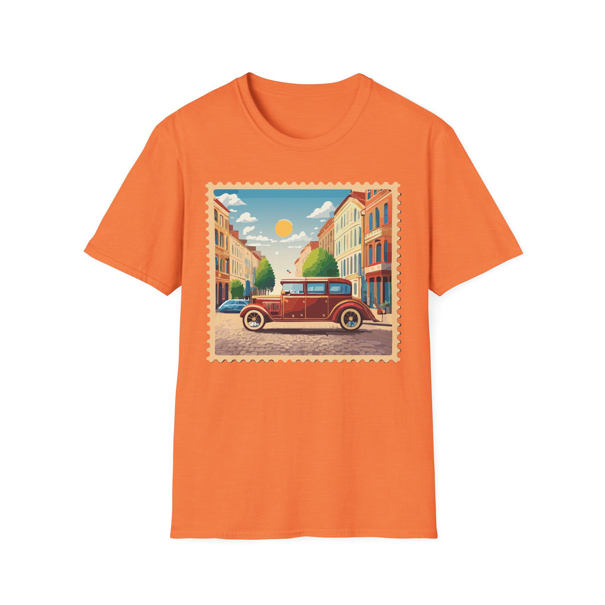 Vintage City Street Illustration T-Shirt | Retro Car, Sunny Urban Graphic Tee Unisex 100 Cotton Gildan T-Shirt