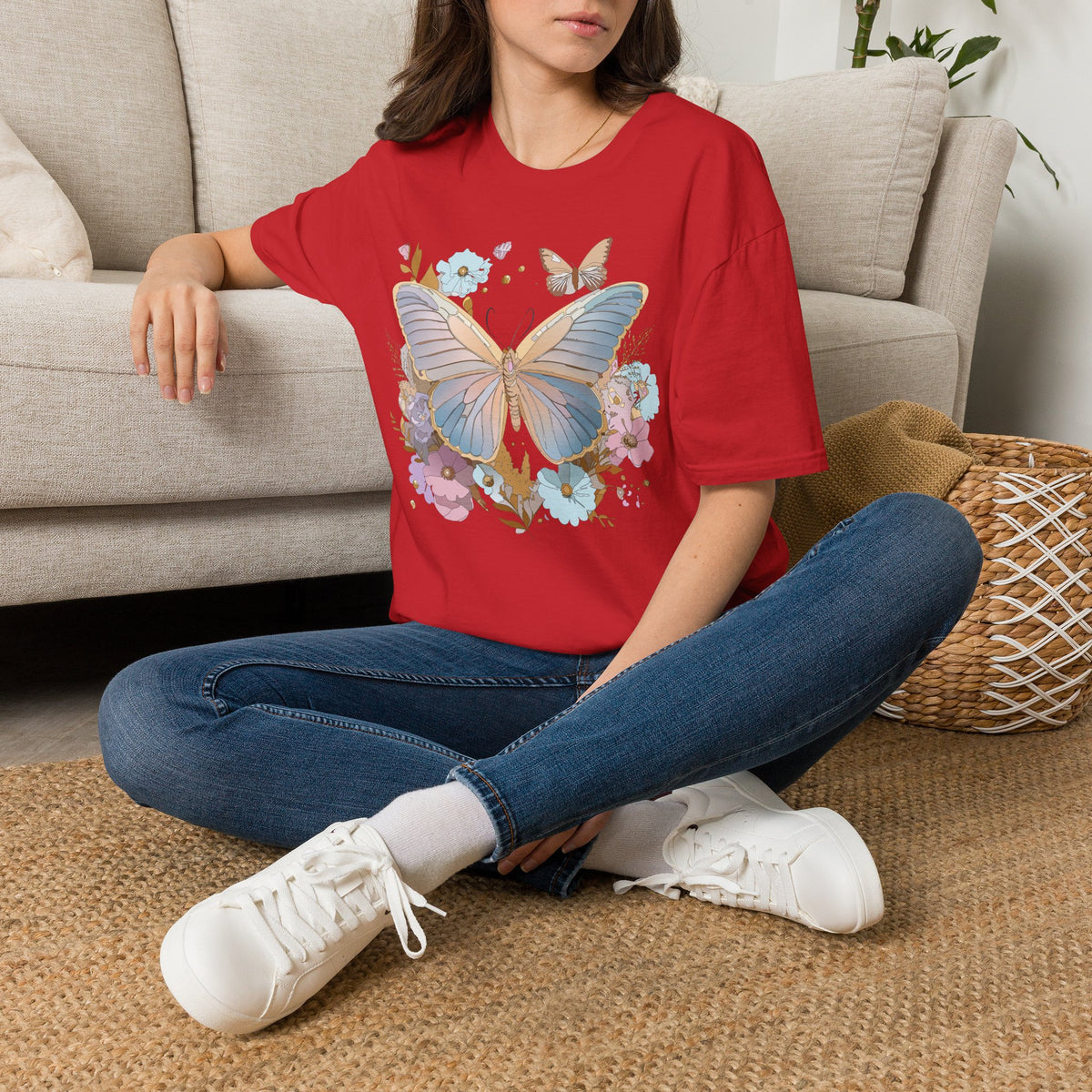 Butterfly Bloom T-Shirt — Pastel Floral Butterfly Graphic Design Unisex 100 Cotton Gildan T-Shirt
