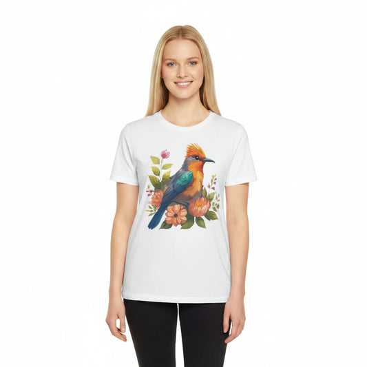 Bird Blossoms Tee Colorful Floral Bee-eater Illustration T-Shirt Unisex Cotton Short Sleeves Tee Shirt with Bird 11