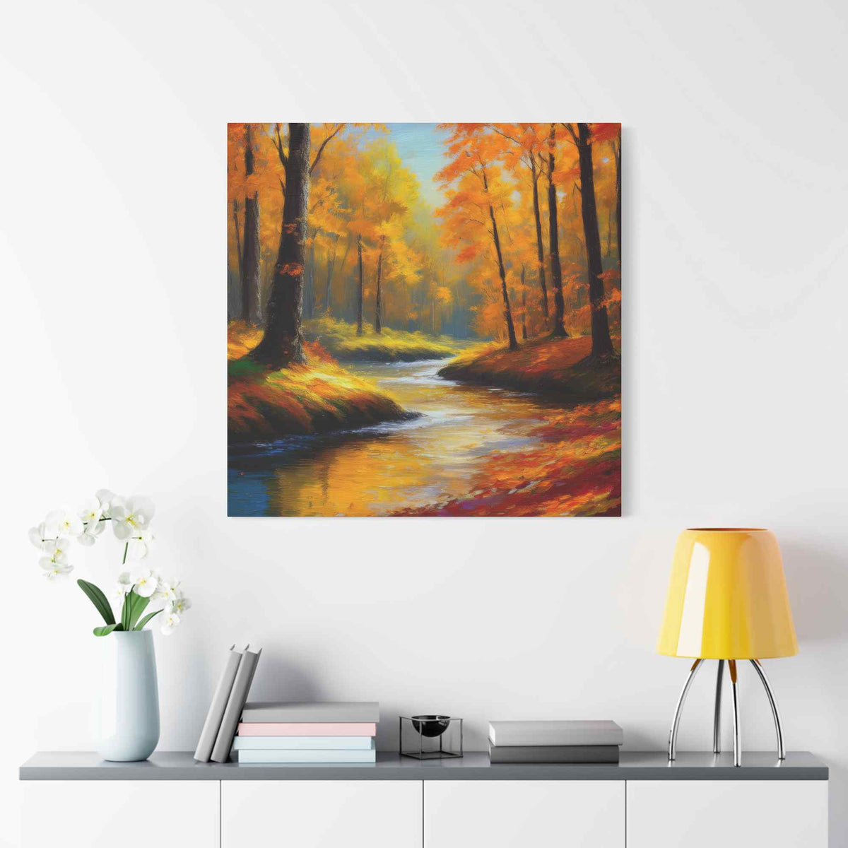 Fall Forest Print Canvas, Oil Paint Print 20x20, 24x24, 30x30, 32x32, 36x36 Art Design Print Pine-Wood Inner Frame MC-99
