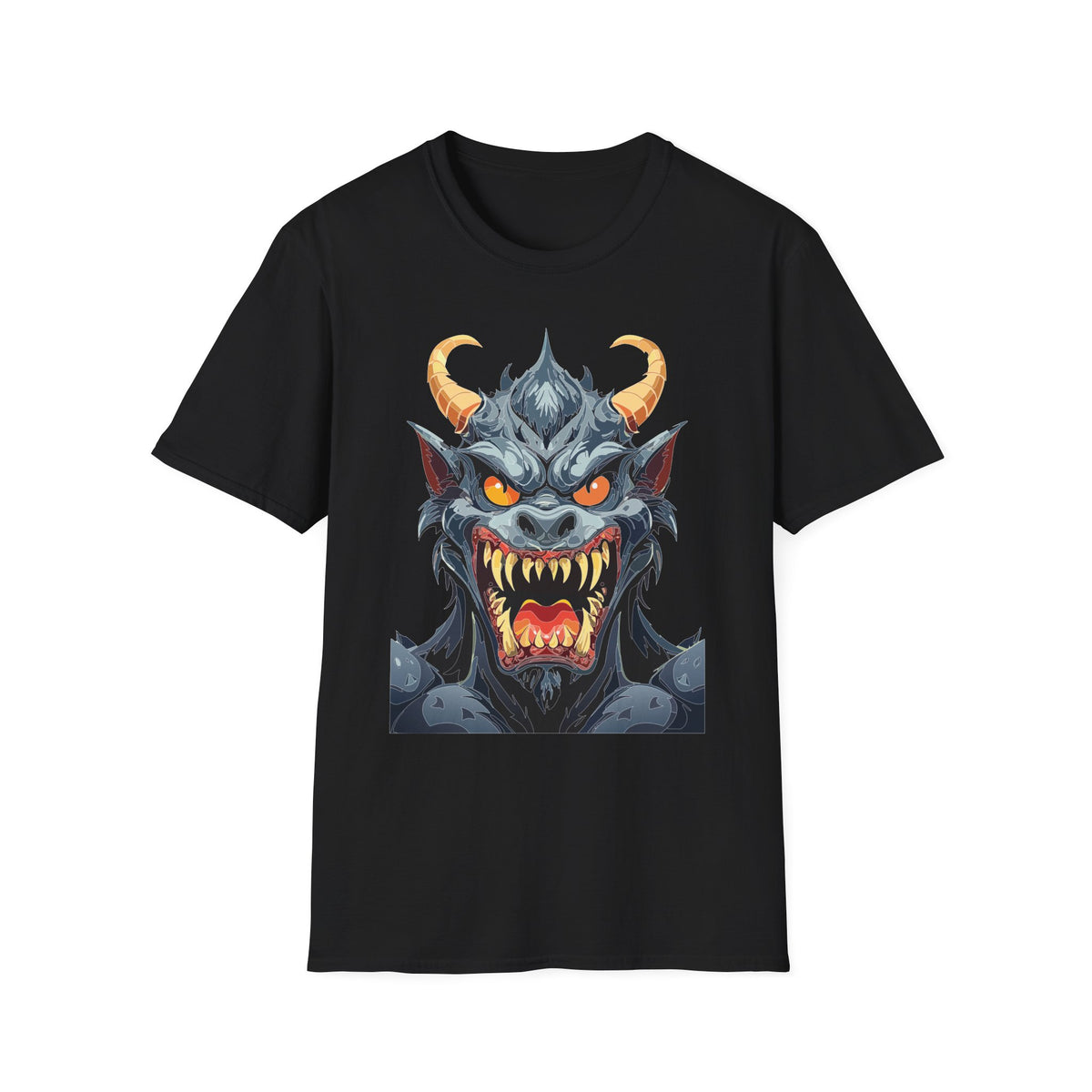 Demonic Monster Face T-Shirt — Fierce Horned Demon Cartoon Graphic Tee Unisex 100 Cotton Gildan T-Shirt