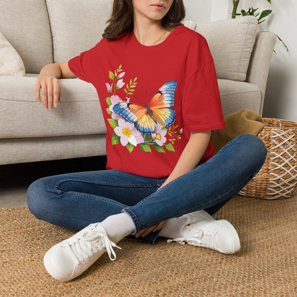 Butterfly Floral T-Shirt — Watercolor Orange & Blue Butterfly on Blossoms Graphic Design Unisex 100 Cotton Gildan T-Shirt