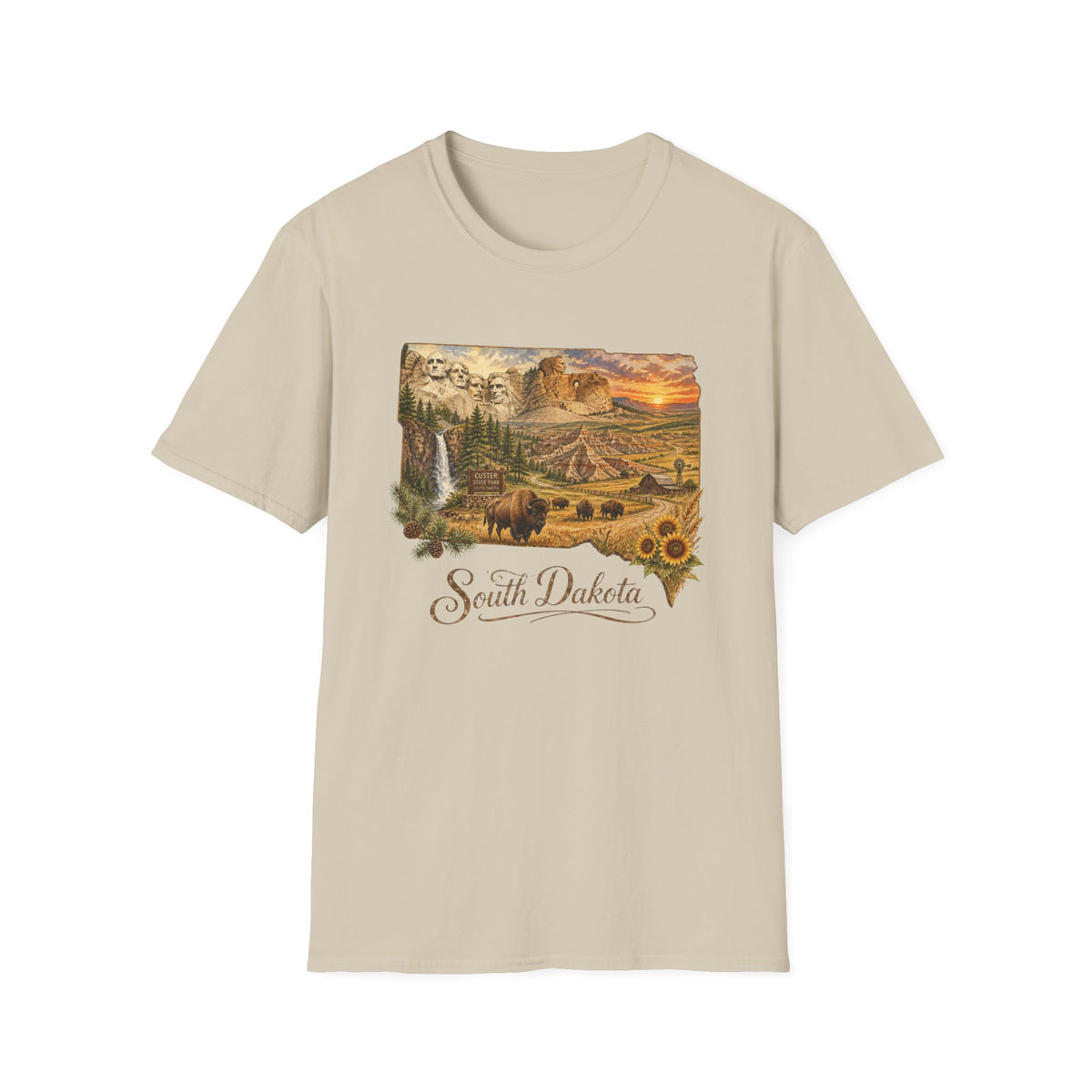 South Dakota Scenic T-Shirt — State Landscape Sunset Travel Tourist Graphic Design Unisex 100 Cotton Gildan T-Shirt
