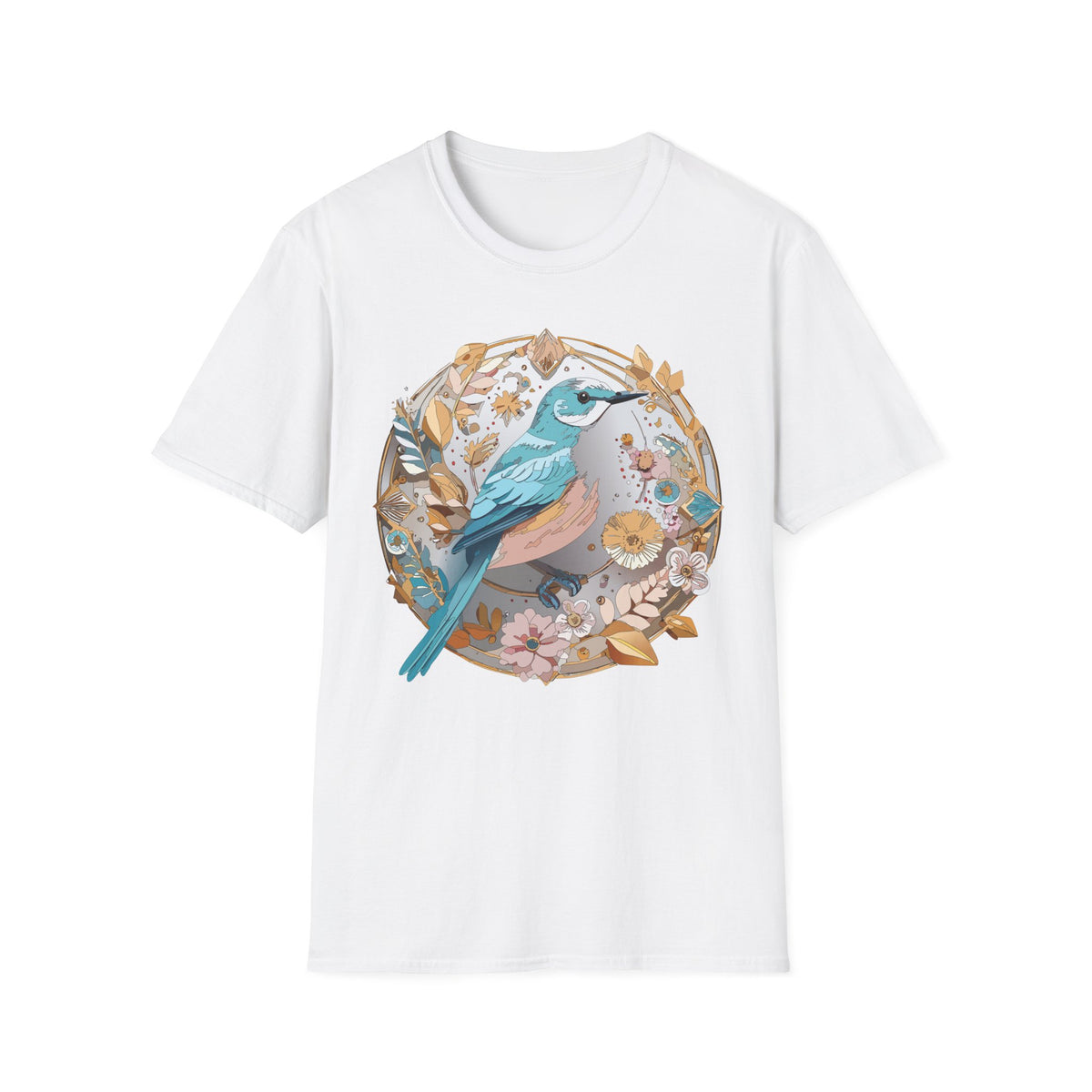 Blue Bird Floral Wreath T-Shirt | Botanical Bird Illustration