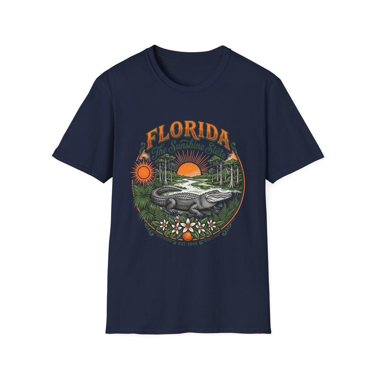 Florida The Sunshine State T-Shirt — Vintage Alligator Sunset Travel Tourist Graphic Design Unisex 100 Cotton Gildan T-Shirt