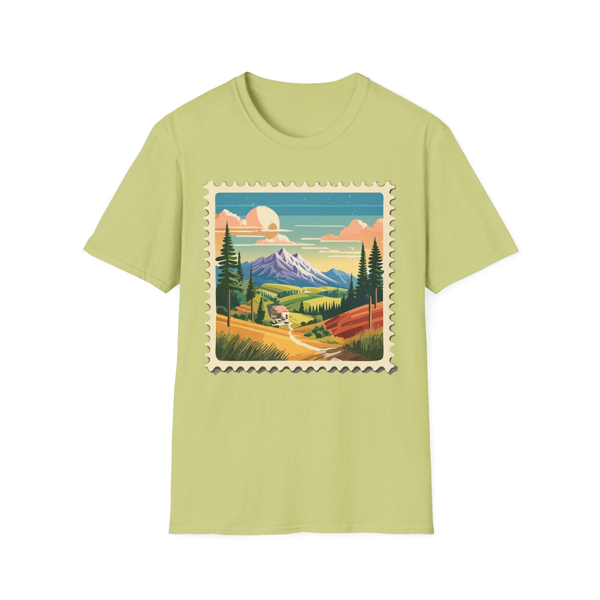 Mountain Landscape Stamp T-Shirt | Retro Sunset Scenic Tee