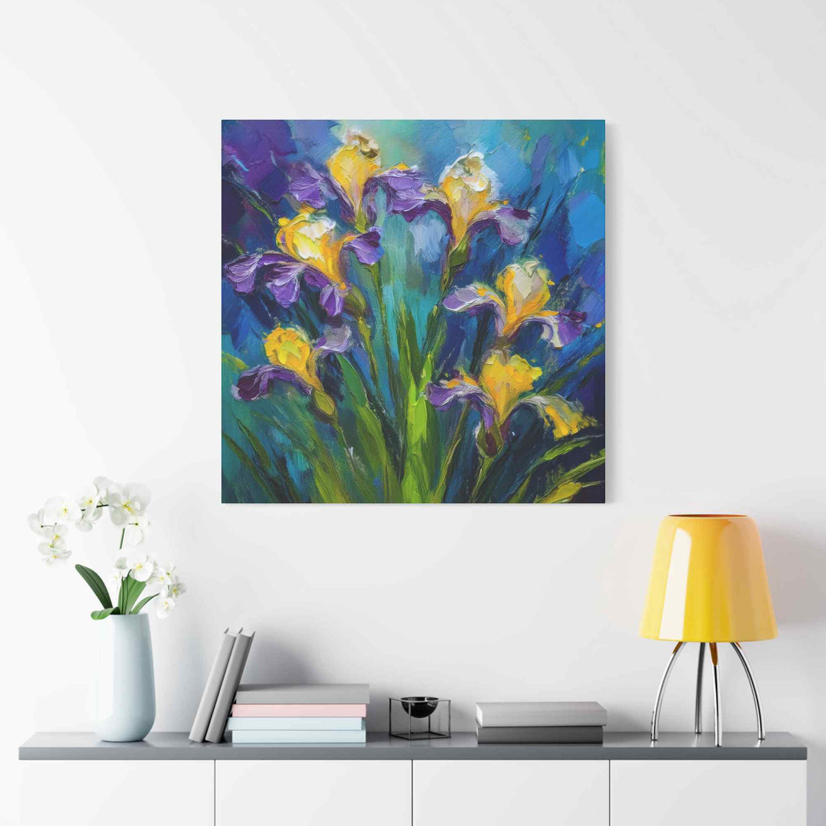 Irises Floral Print Canvas, Floral Oil Paint Print 20x20, 24x24, 30x30, 32x32, 36x36 Art Design Pine-Wood Inner Frame MC-184