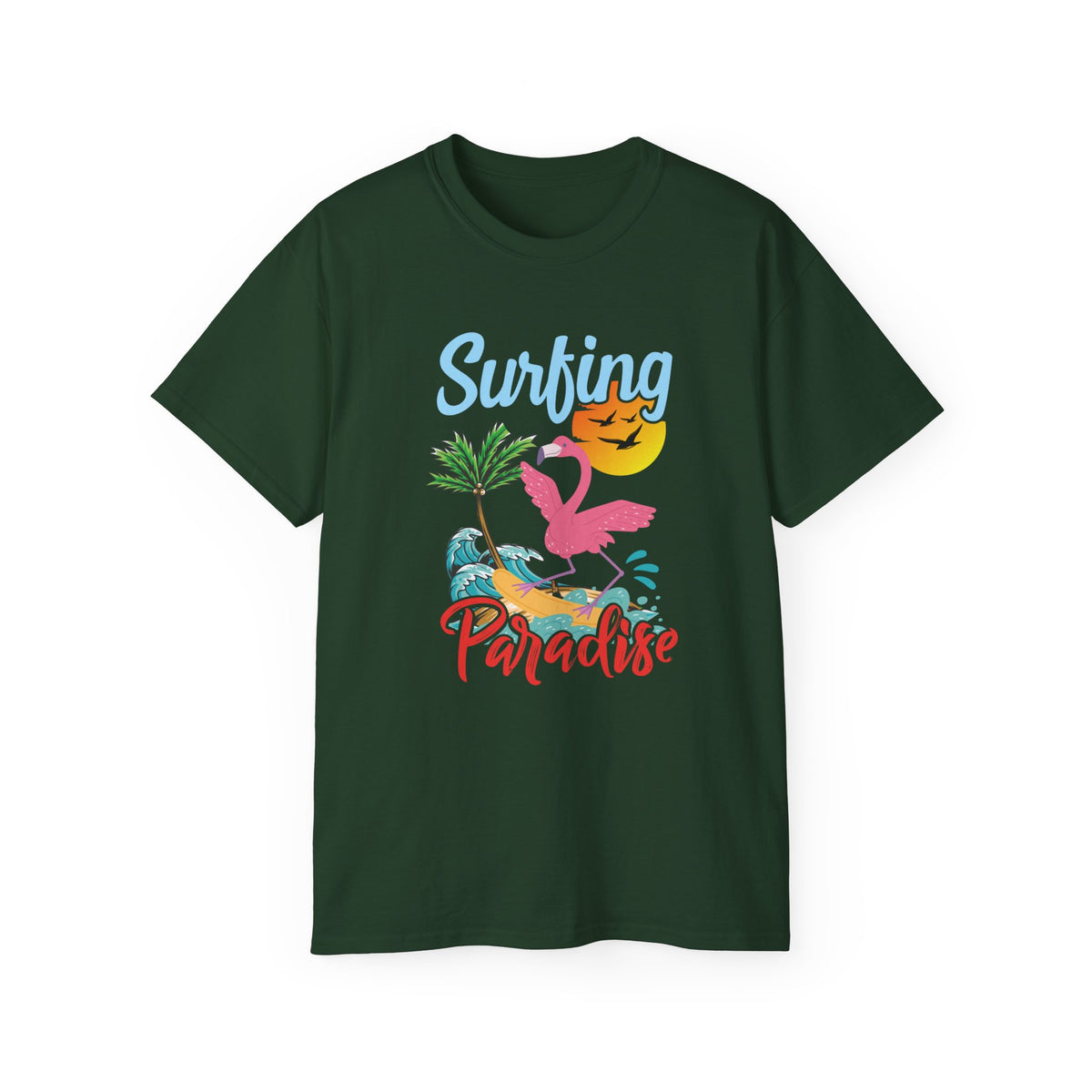 Surfing Paradise Flamingo Tee | Tropical Palm Sunset Surfboard