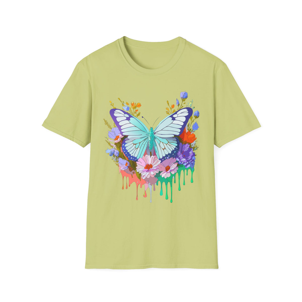 Butterfly Floral Drip T-Shirt — Teal Butterfly with Watercolor Flowers Graphic Tee Unisex 100 Cotton Gildan T-Shirt