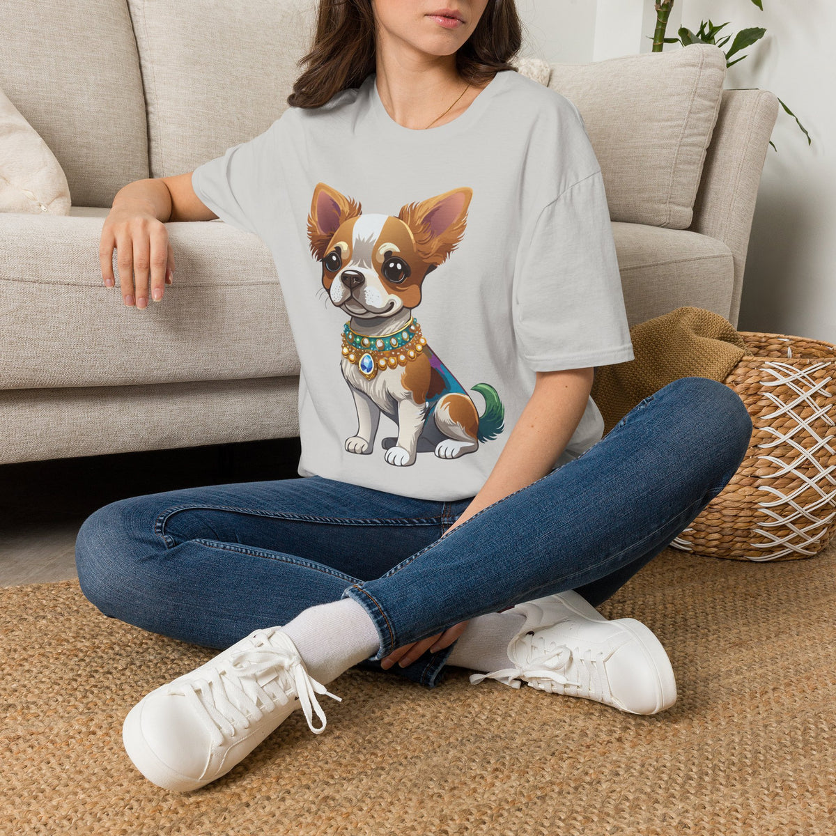 Chihuahua Pup Graphic T-Shirt — Cute Jewel-Collared Dog Graphic Design Unisex 100 Cotton Gildan T-Shirt