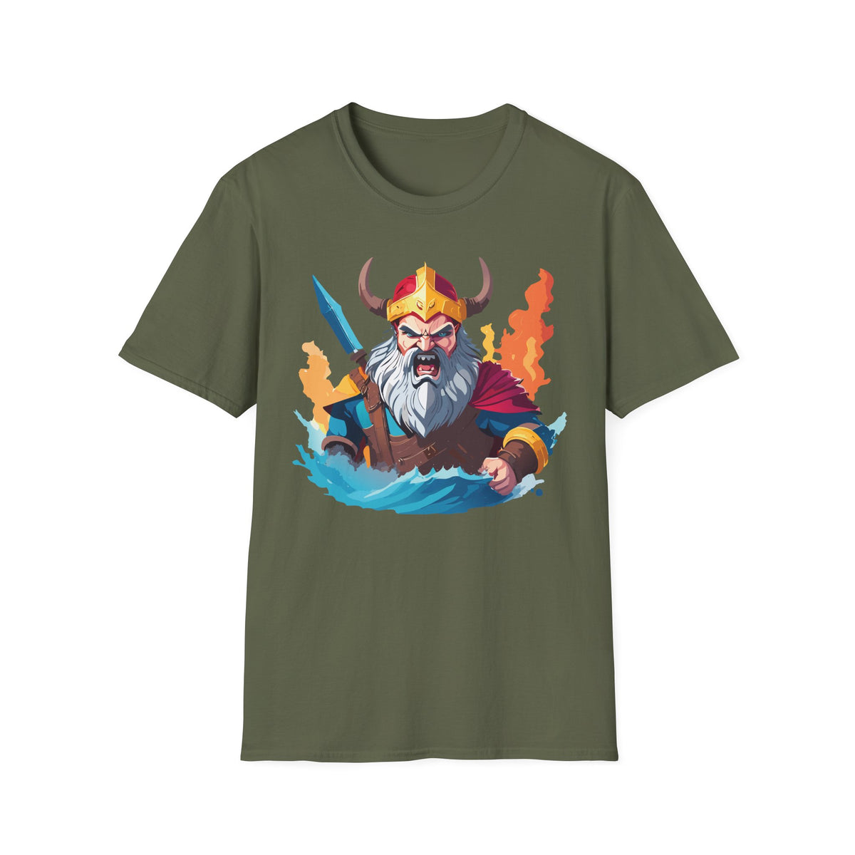 Viking Warrior Illustration T-Shirt | Horned Helmet, Sword, Flames