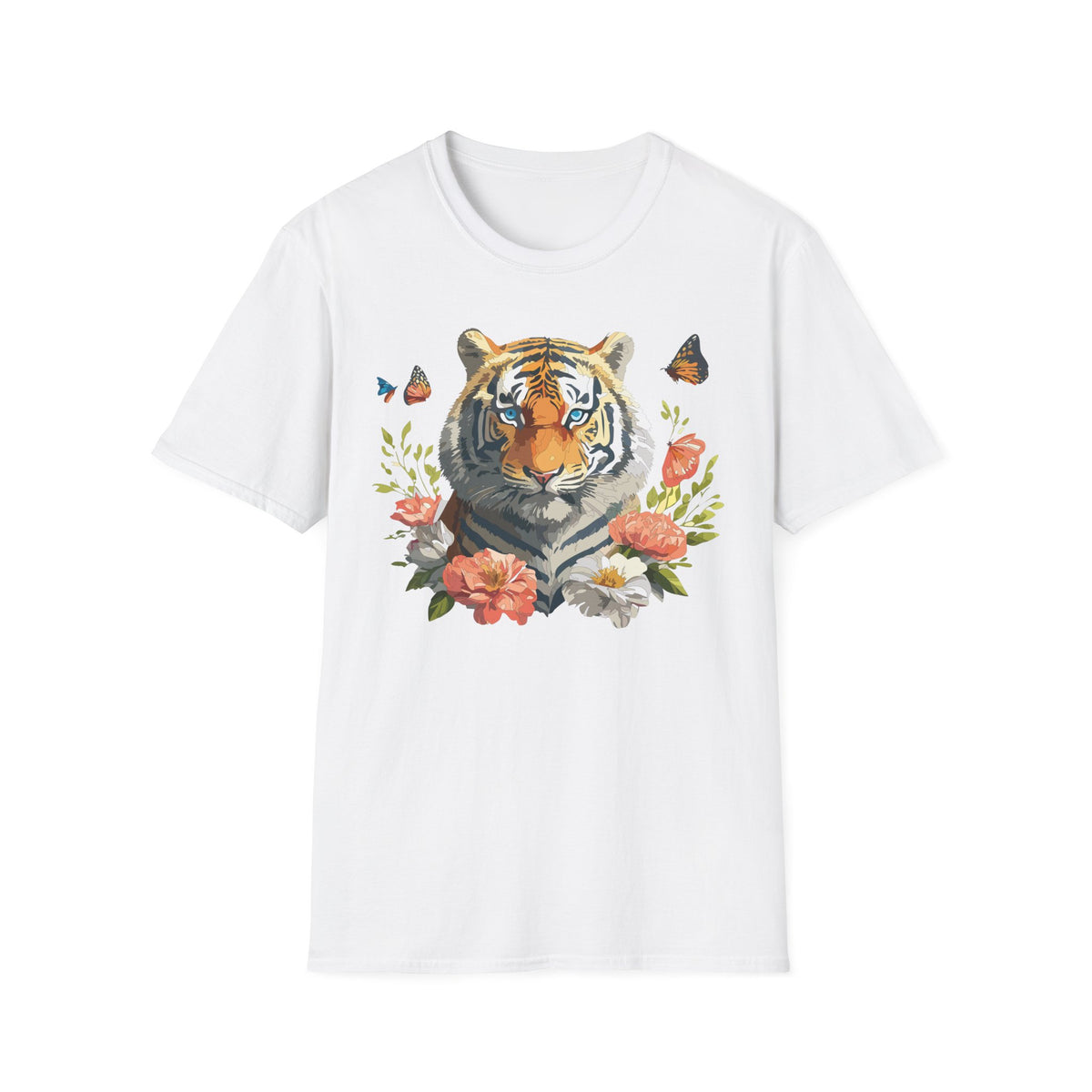 Floral Tiger Portrait T-Shirt | Watercolor Big Cat with Butterflies