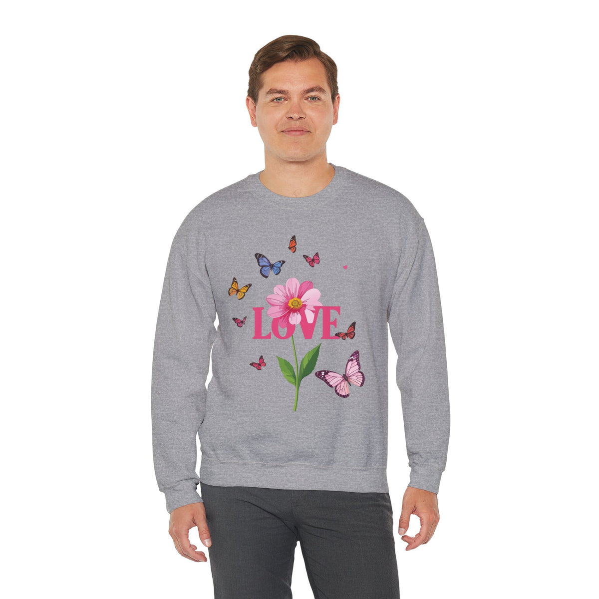 Unisex Floral Love Sweatshirt, Love Floral Sweatshirt, Floral Butterfly Sweatshirt, 50/50 Cotton-Poly Valentine's Day Sweatshirt 01