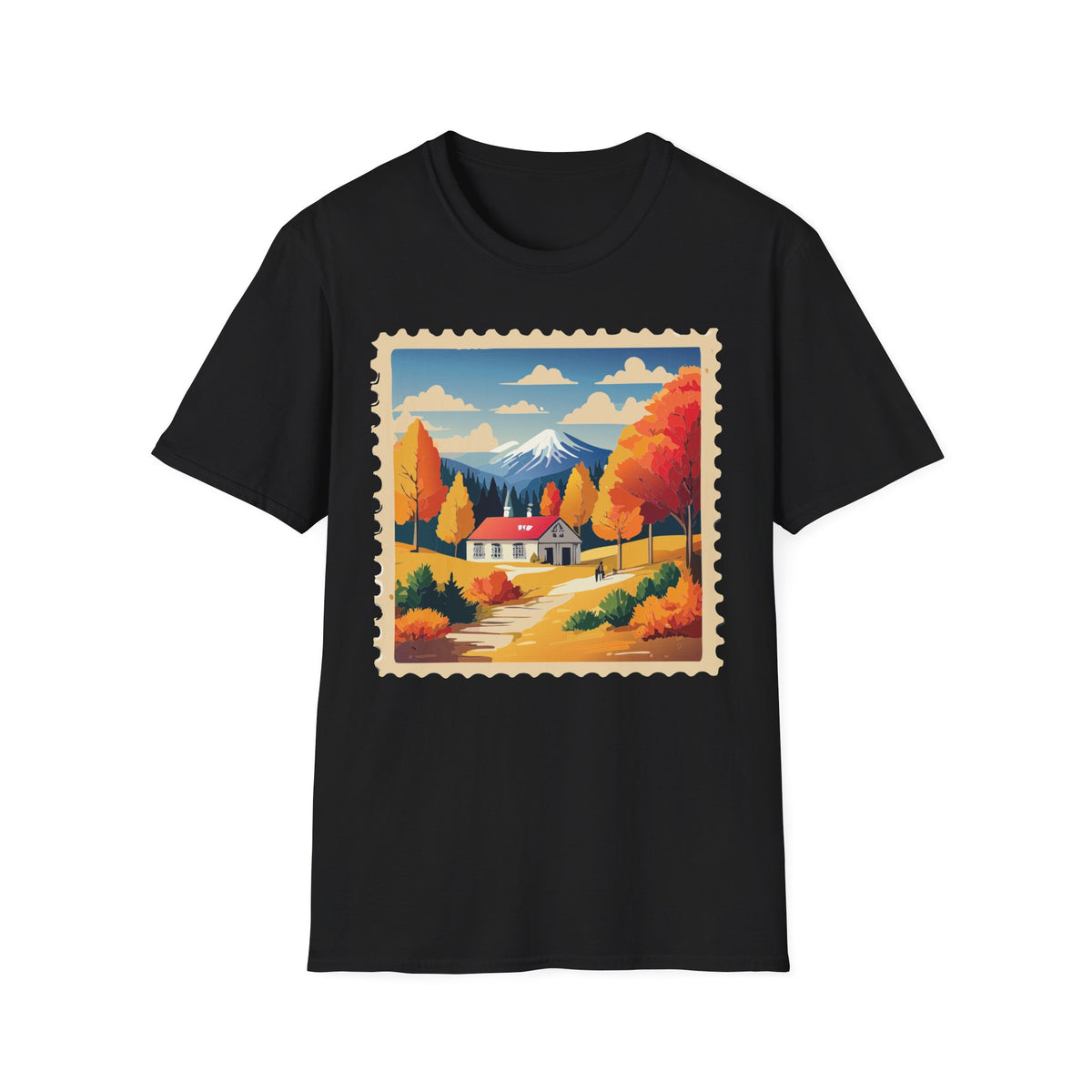 Autumn Mountain Cabin T-Shirt | Fall Landscape Stamp Art