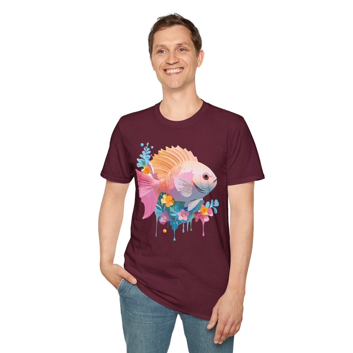 Fish Art Design Graphic Tee Shirt Unisex Softstyle Cotton Short Sleeve Comfort Fit Everyday Wear