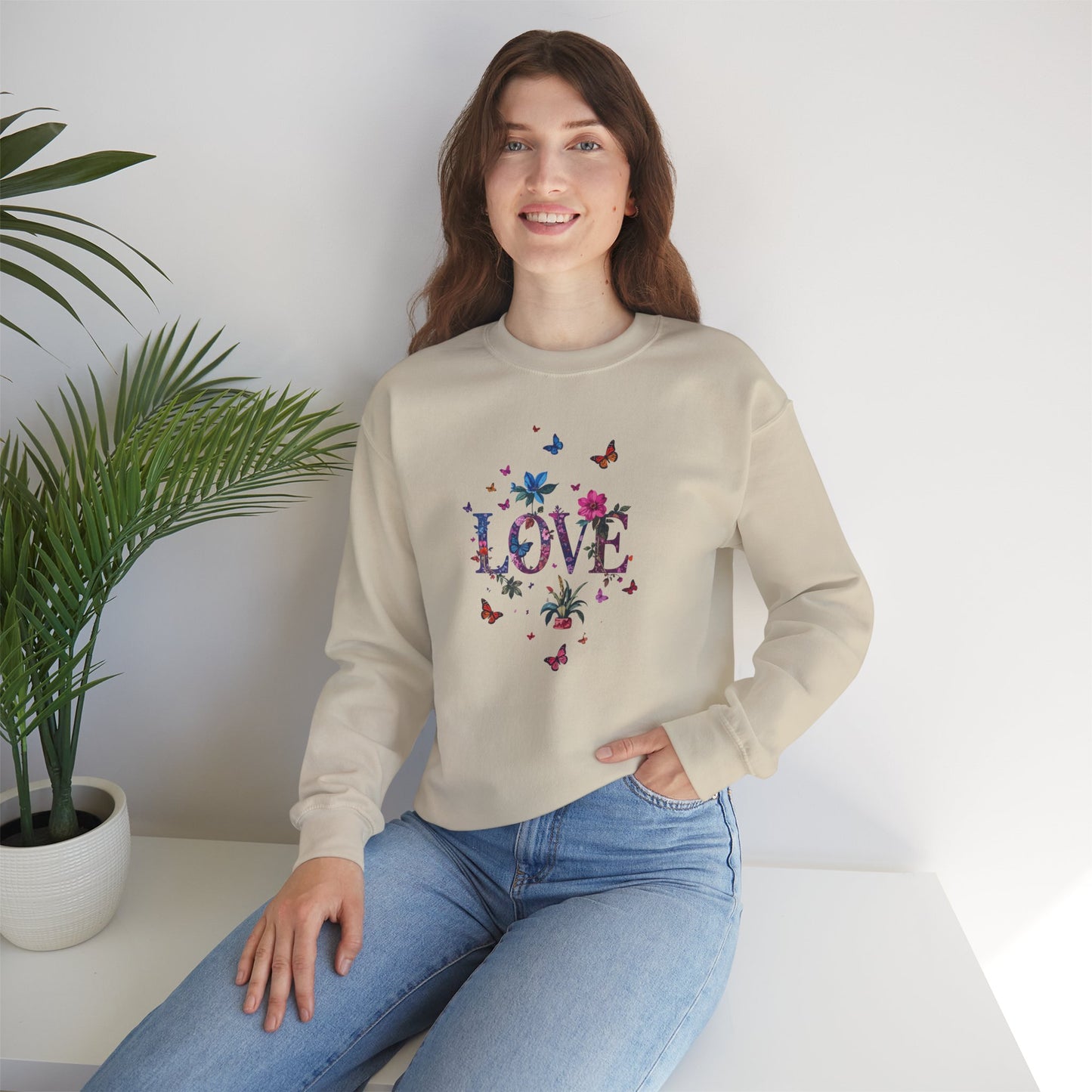Unisex Floral Love Sweatshirt, Love Floral Sweatshirt, Floral Butterfly Sweatshirt, 50/50 Cotton-Poly Valentine's Day Sweatshirt 03