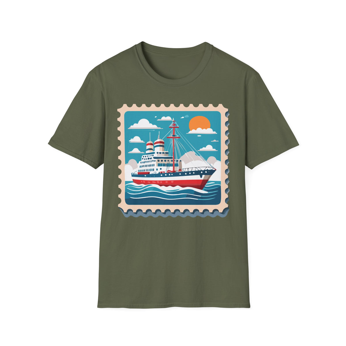 Vintage Cruise Ship Stamp T-Shirt | Nautical Ocean Sunset Design