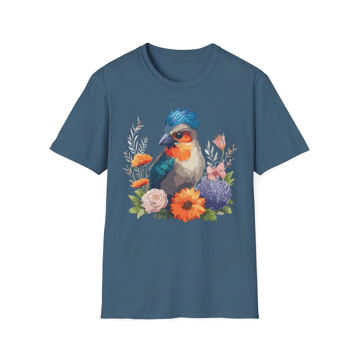 Floral Bluebird T-Shirt Unisex Cotton Short Sleeves Tee Shirt with Bird 2