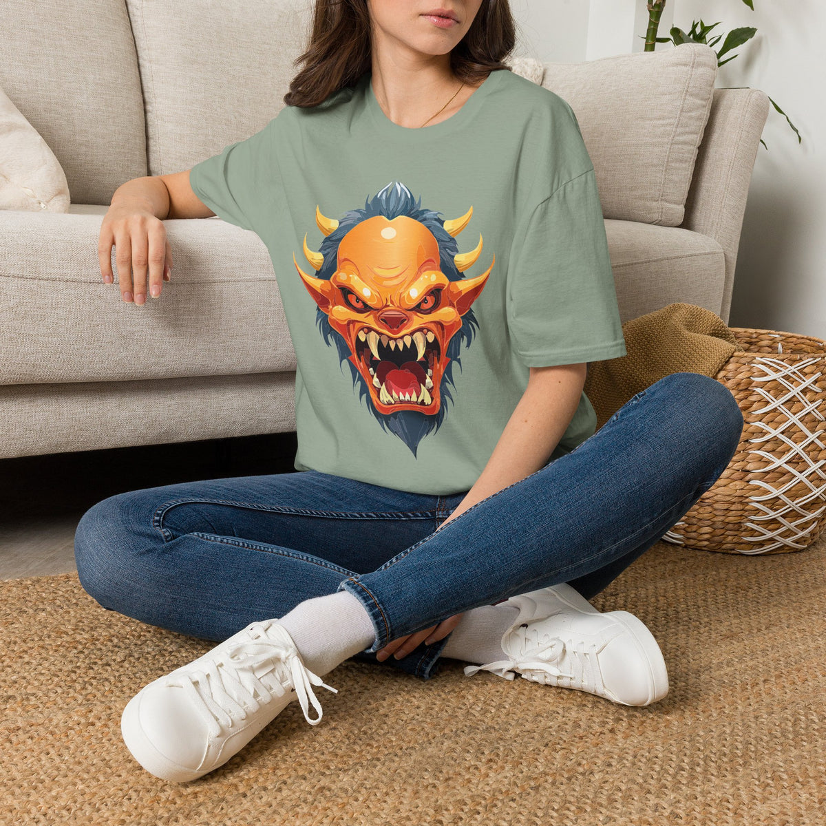 Demonic Oni Mask T-Shirt — Fierce Japanese Demon Face Cartoon Graphic Tee Unisex 100 Cotton Gildan T-Shirt