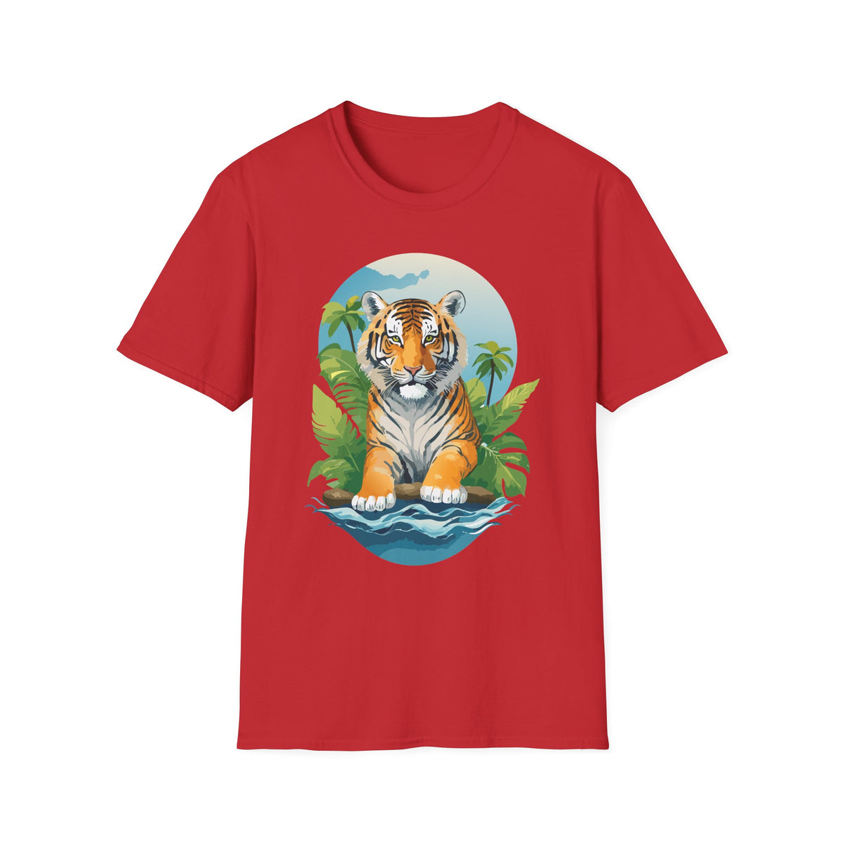 Tropical Tiger Illustration T-Shirt | Jungle Palm Sunset Tee
