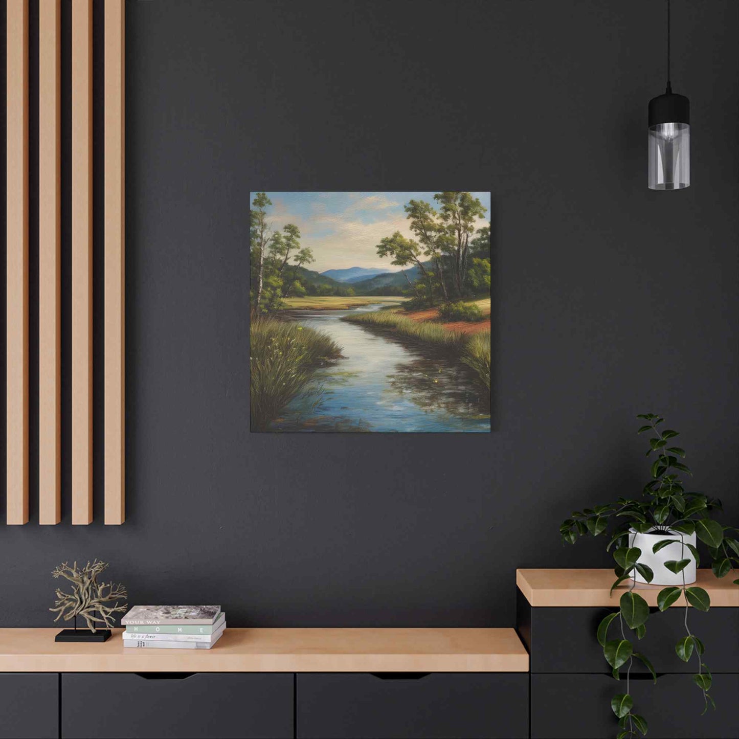River Print Canvas, Landscape Oil Paint Print 20x20, 24x24, 30x30, 32x32, 36x36 Art Design Print Pine-Wood Inner Frame MC-50