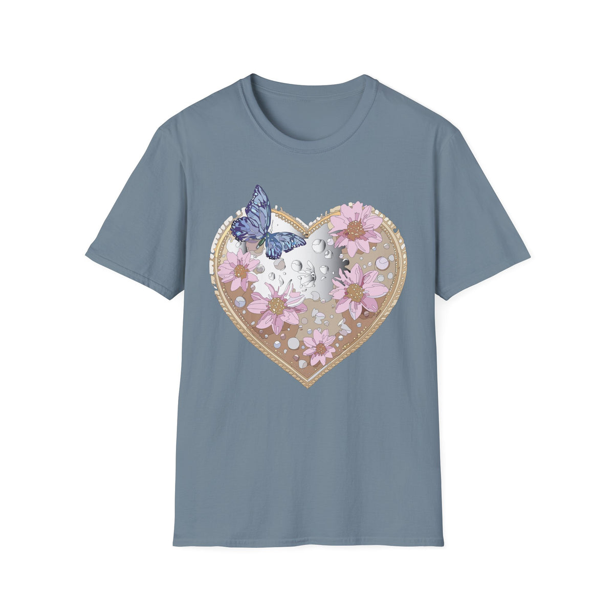 Floral Heart with Butterfly T-Shirt | Pink Flowers, Moon Phases Graphic Tee Unisex 100 Cotton Gildan T-Shirt