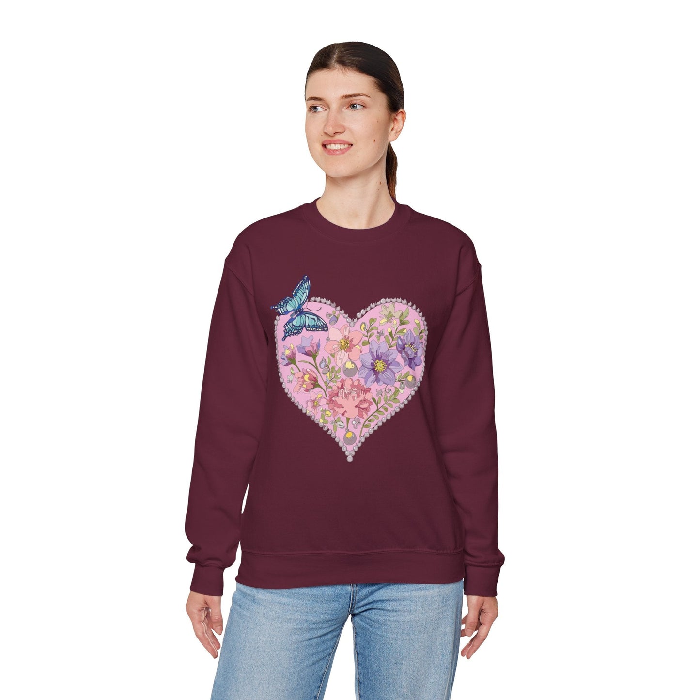 Floral Heart Sweatshirt Valentines Day Unisex Crewneck Cozy Comfort For Cold Weather