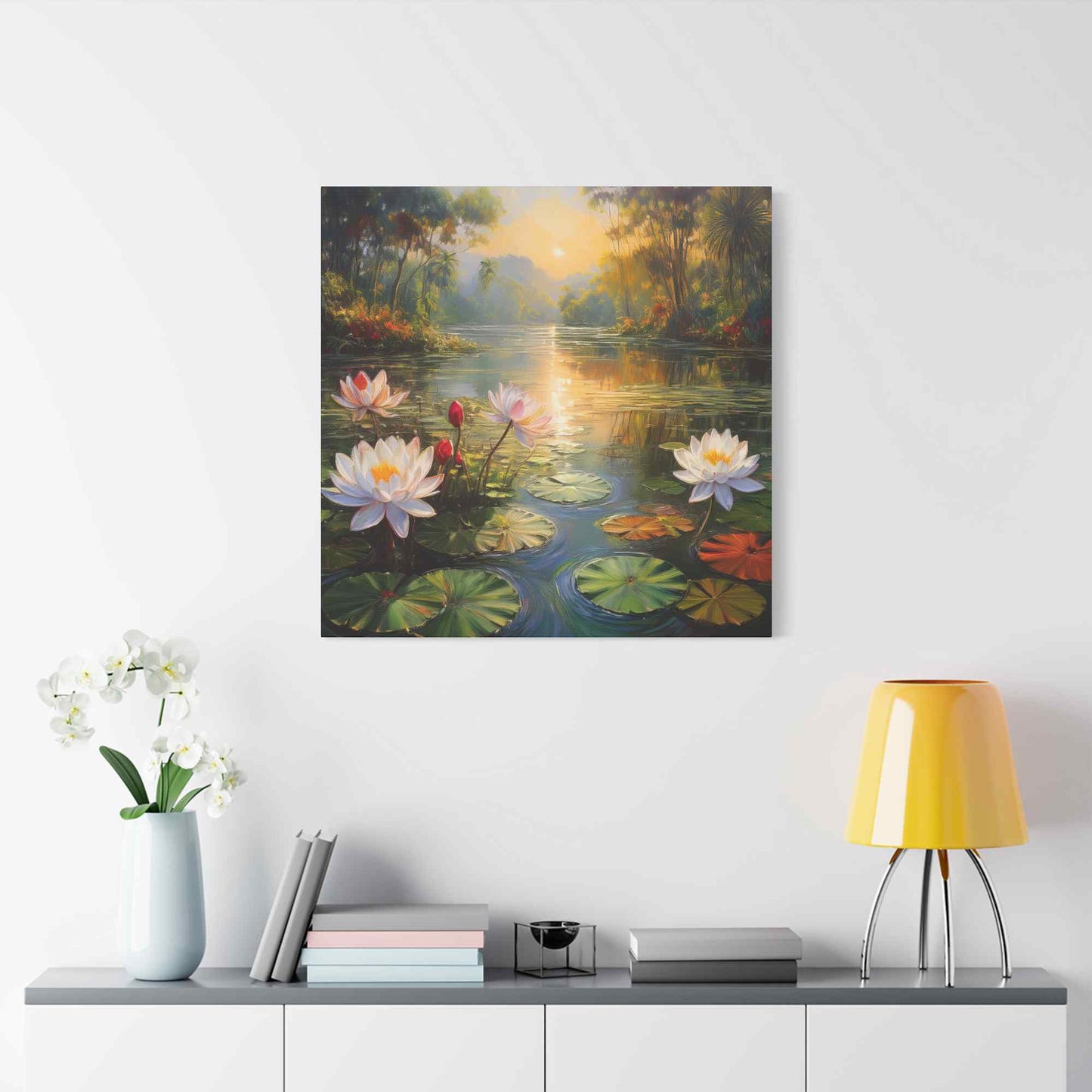 Water Lilies Print Canvas, Oil Paint Print 20x20, 24x24, 30x30, 32x32, 36x36 Floral Art Print Pine-Wood Inner Frame MC-65