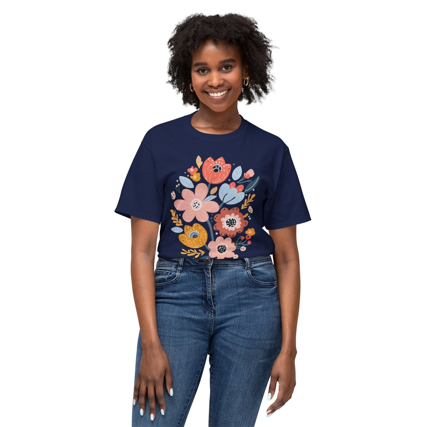 Unisex Floral Art T Shirt with Vintage Flowers Print One Hundred Percent Cotton Tee Printed In USA