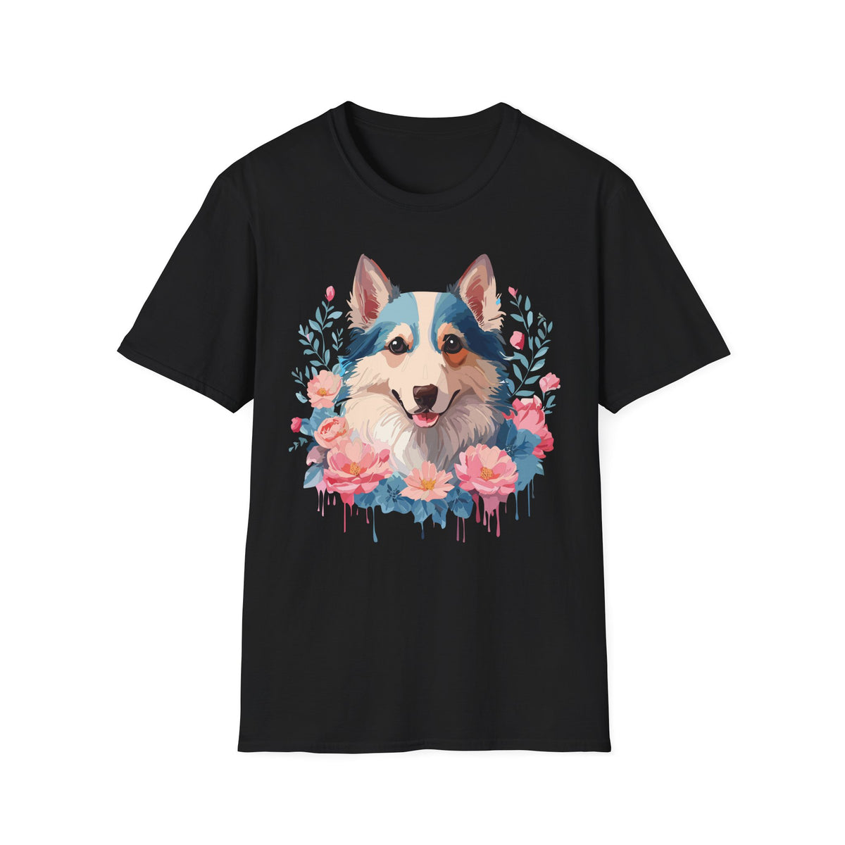 Floral Corgi Portrait T-Shirt | Dog Face Tee with Flowers