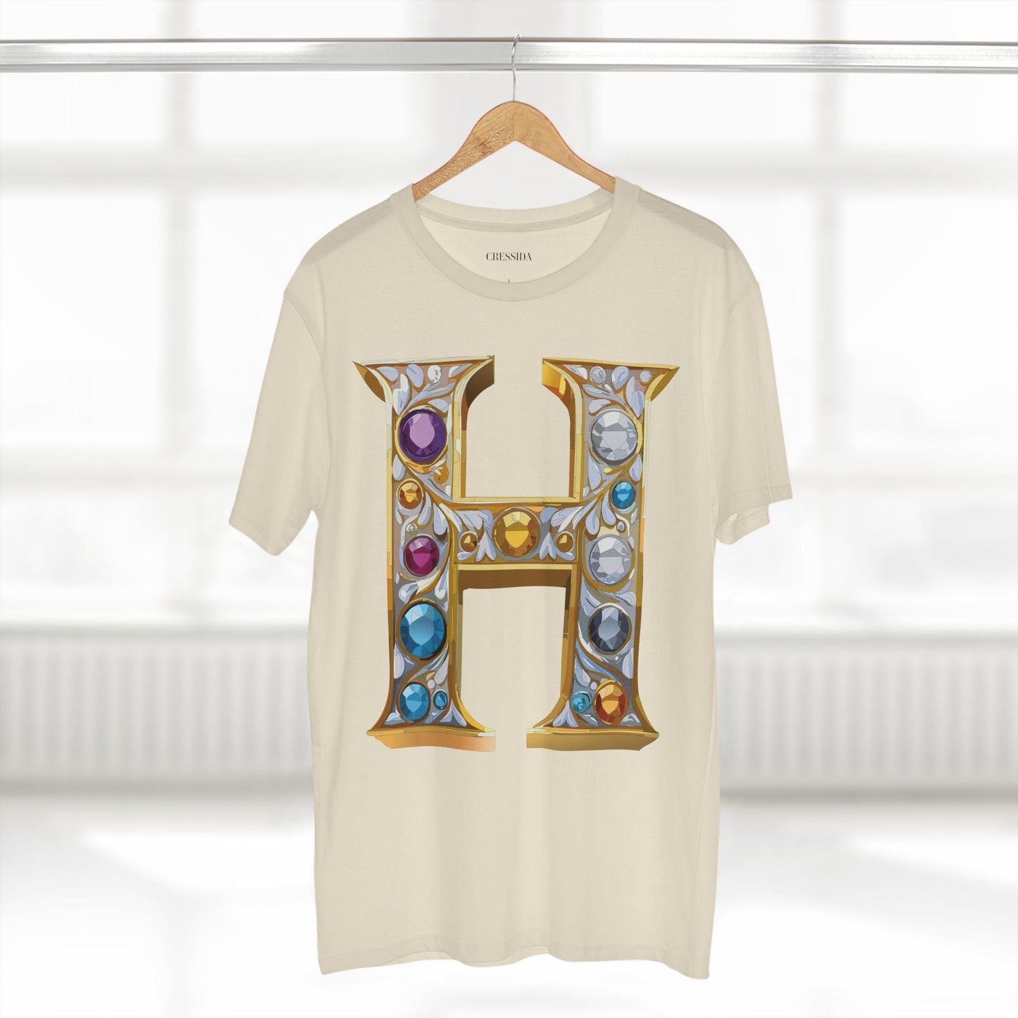 Letter H Graphic Design Tee Unisex 100 Cotton With Antique Gold Letters Artwork T-Shirt