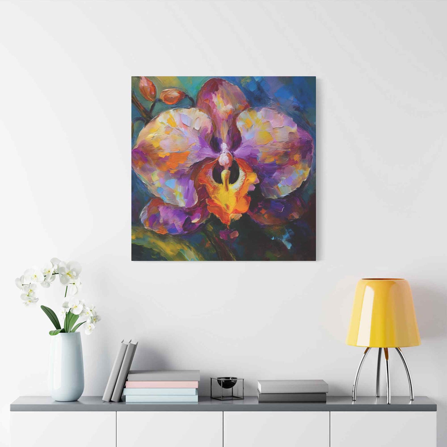 Purple Orchid Print Canvas, Floral Oil Paint Print 20x20, 24x24, 30x30, 32x32, 36x36 Art Design Pine-Wood Inner Frame MC-130