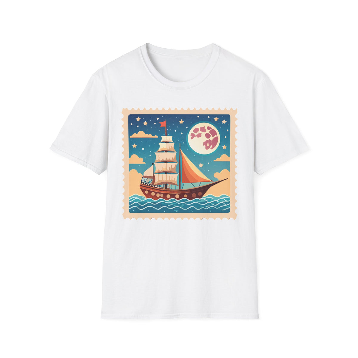 Sailboat Night Scene T-Shirt | Retro Nautical Moon Illustration