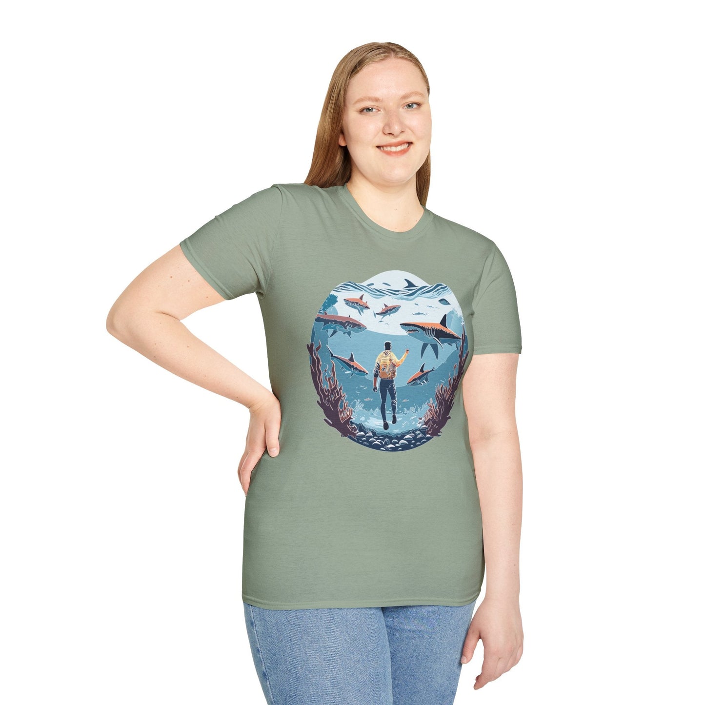 Ocean Theme Unisex Softstyle T Shirt 64000 Cotton Tee With Ocean Art Design Breathable