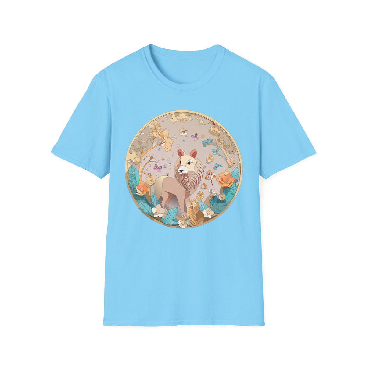 Whimsical Lion Garden Illustration T-Shirt | Floral Circle Art