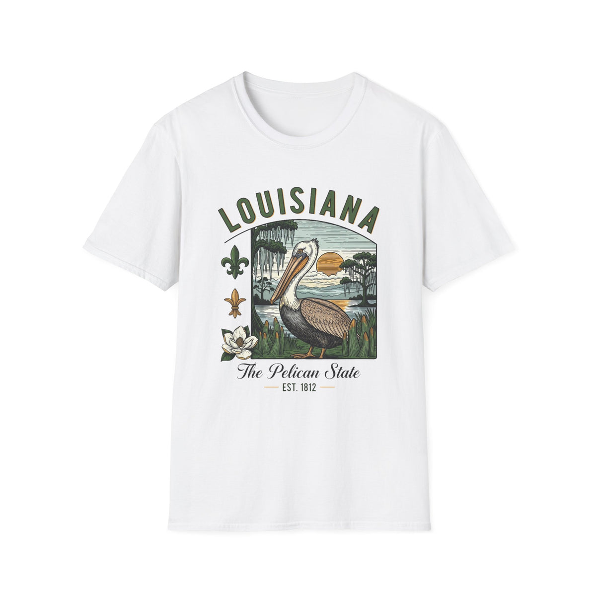 Louisiana Pelican State Graphic T-Shirt — Vintage Bayou Sunset Travel Tourist Graphic Design Unisex 100 Cotton Gildan T-Shirt