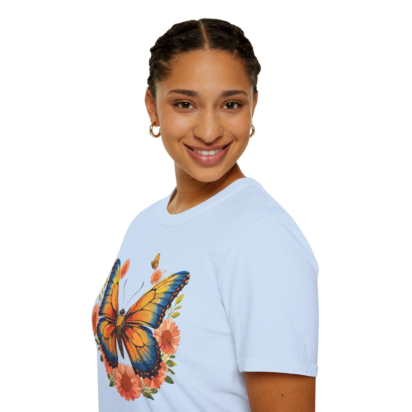 Butterfly T Shirt Unisex Softstyle Gildan 64000 Monarch Print 100 Percent Ring Spun Cotton