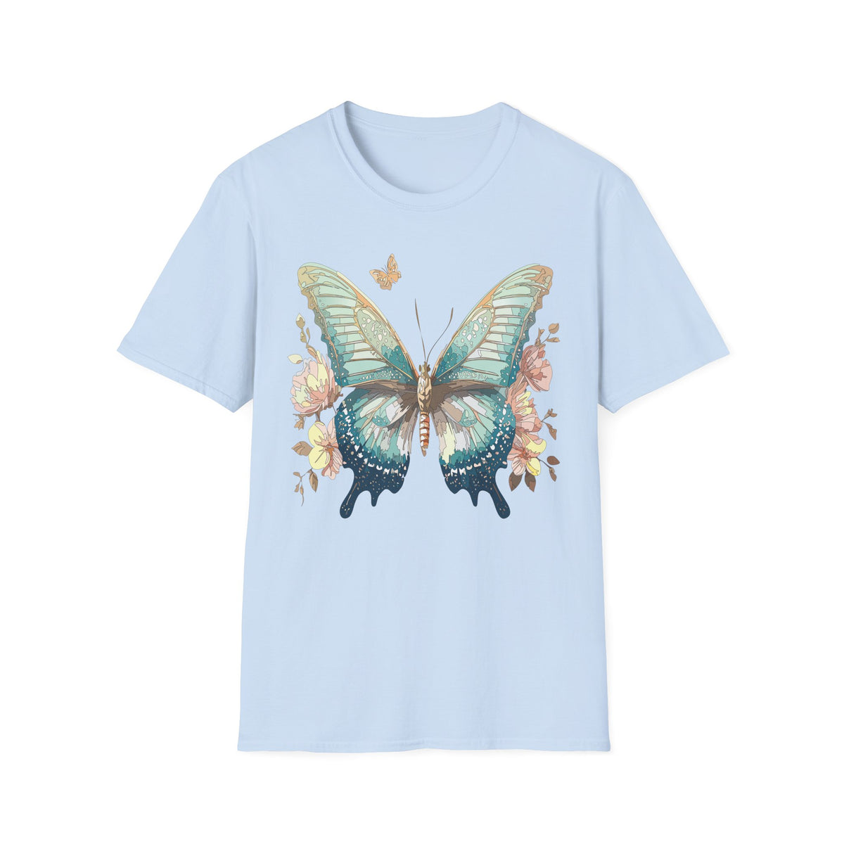 Teal Watercolor Butterfly T-Shirt | Floral Accent, Boho Nature Graphic Tee Unisex 100 Cotton Gildan T-Shirt