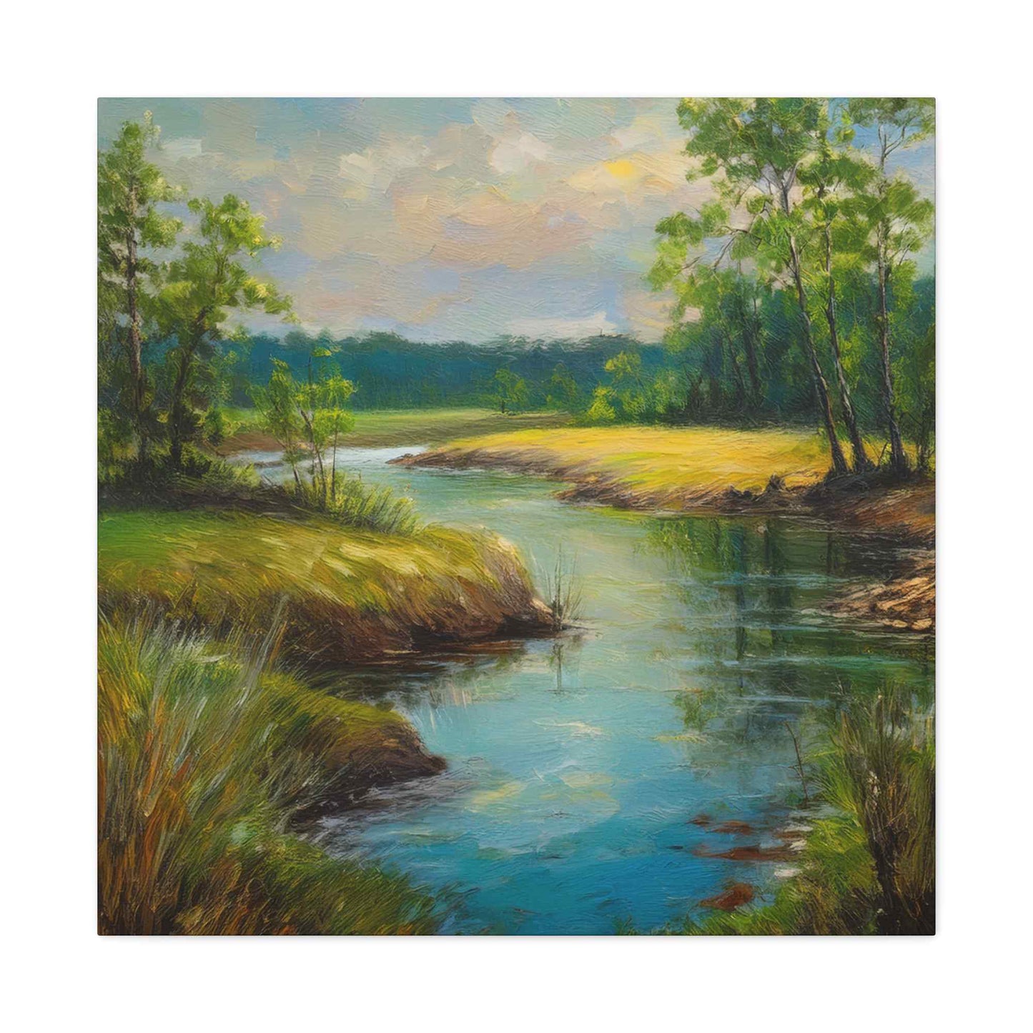 River Print Canvas, Landscape Oil Paint Print 20x20, 24x24, 30x30, 32x32, 36x36 Art Design Print Pine-Wood Inner Frame MC-55
