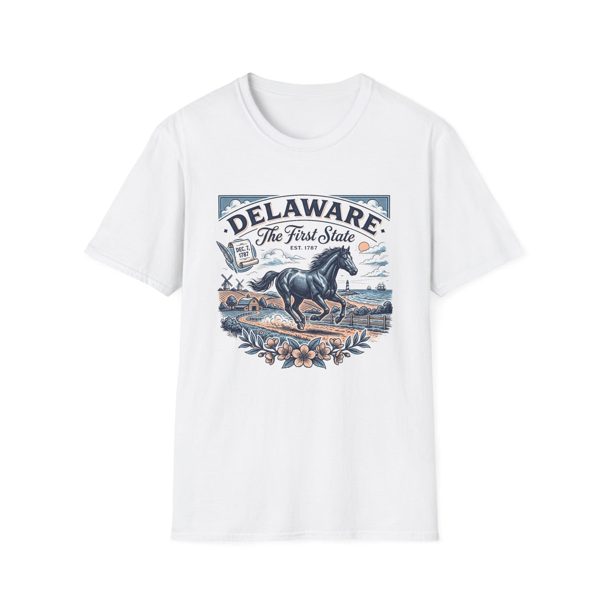 Delaware The First State Horse Travel Tourist Graphic Tee Unisex 100 Cotton Gildan T-Shirt