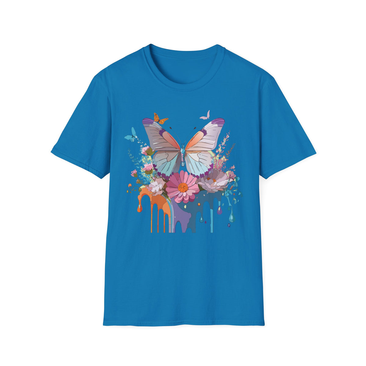 Butterfly Floral T-Shirt — Colorful Drip Art Garden Graphic Design Unisex 100 Cotton Gildan T-Shirt